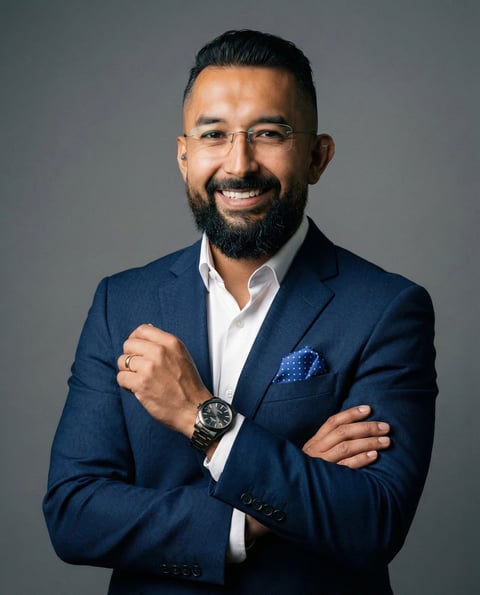 Professional portrait of a smiling man with beard wearing a navy blazer, white shirt, and blue pocket square against a gray background.