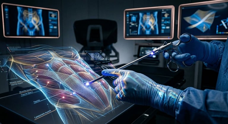 Surgeon in blue gloves performing virtual surgery using holographic anatomy display with medical monitors in background