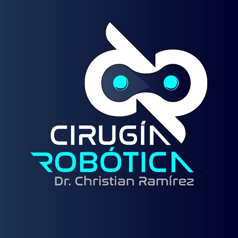 Cirugia Robotica logo featuring a robotic owl face with cyan eyes and white curves on dark blue background, Dr. Christian Ramirez branding